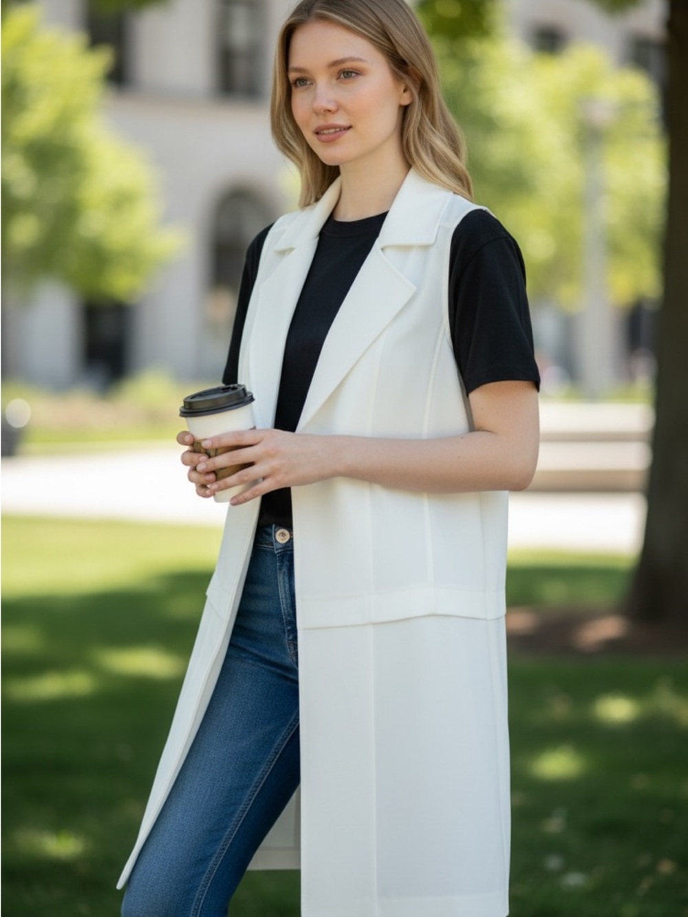 Calvin Klein White Sleeveless Long Open Front Vest, Size 14